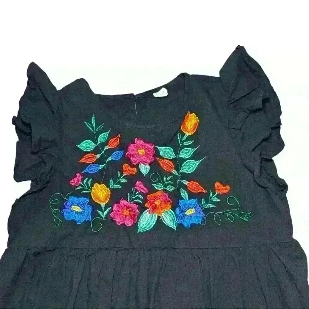 Boho Black Floral Embroidered 100% Cotton Mini Dress Size Large - Picture 4 of 9